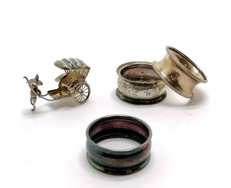 3 x silver napkin rings t/w silver model of a rickshaw ~ 45g total