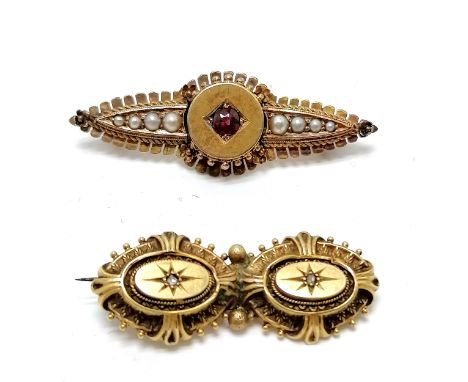 2 antique 15ct gold, 1 unmarked and has a metal pin and set with 2 diamonds, the other set with pearl and garnet, total weigh
