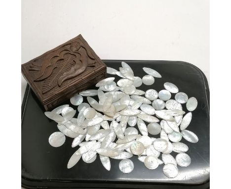 Qty of antique Chinese mother of pearl gaming counters (118) with engraved decoration in a hand carved Asian wooden box - lar