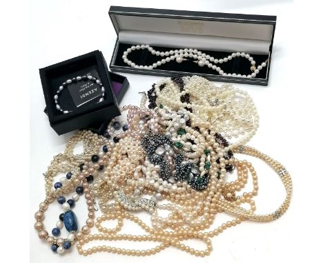 9ct gold mounted single strand of pearl beads (44cm) / matching earrings, Azendi bracelet in box &amp; qty of mostly pearl ne