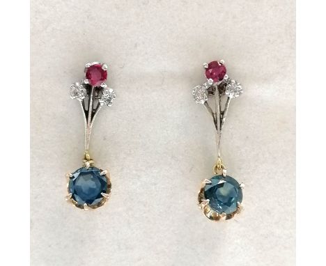Unmarked white / yellow gold earrings set with ruby / diamond &amp; sapphires - 2.5cm drop &amp; 3.4g total weight