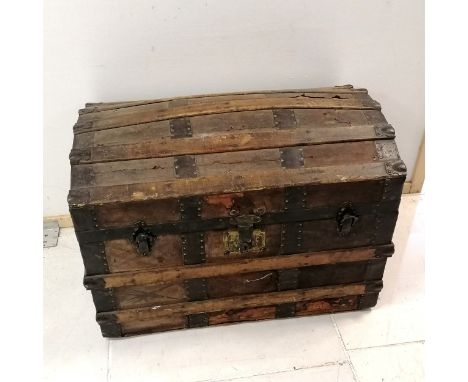 Antique domed trunk, leather covered with metal and wooden banding 78cm x 50cm x 55cm high-