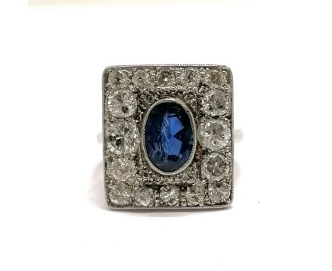 Impressive platinum (?) squared cluster ring set with sapphire &amp; diamonds, Platinum mark is rubbed - size K &amp; 6.9g to