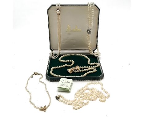 5 x pearl necklaces - 2 with silver clasps ~ longest 96cm in an avalon box