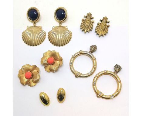 5 x gold tone pairs of large scale earrings - largest cockle shell earrings are 9.5cm drop