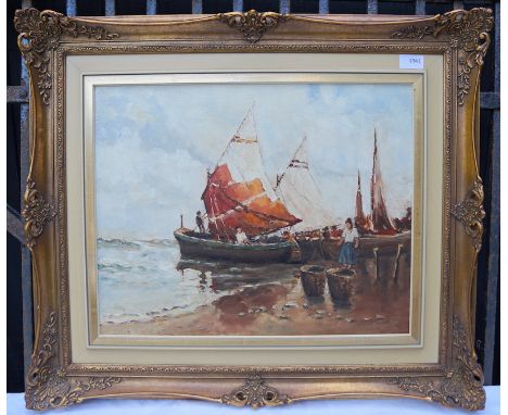 Schmidtmann (attr.), Hermann, 1869 Wuppertal – 1936 Bremen: Fischerboote am StrandÖl auf Leinwand, 40x50cm, Stuckrahmen, Z1-2