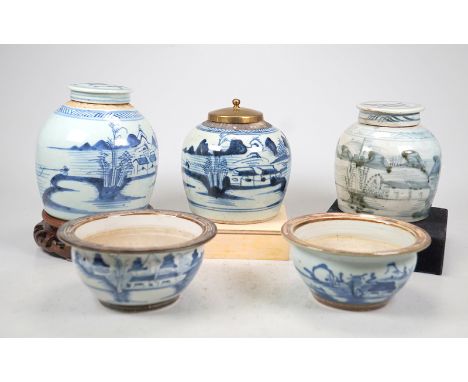 3 storage jars and 2 plant bowls Quing-Dyn3 bellied storage jars with depictions of river landscapes in underglaze blue to gr