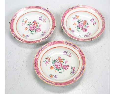 3 deep plates China Quianlong scalloped rim Enamel painting with flower boquets - - fine serrated rim, herringbone/scalloped 