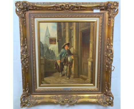 Pistor, Wilhelm Hermann, 1832 Neustrelitz - nach 1866 Berlin: Junger fliegender Händler in einer GasseÖl auf Leinwand, unten 
