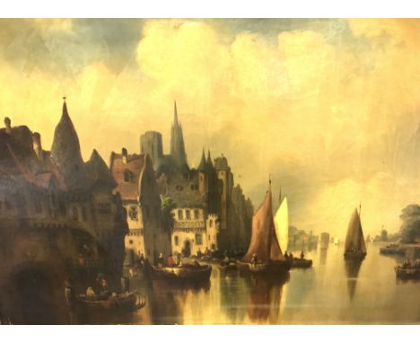 Hermann, Ludwig, 1812Greifswald - 1881Berlin: Niederländische HafenansichtÖl auf Leinwand, unten links undeutlich signiert, s