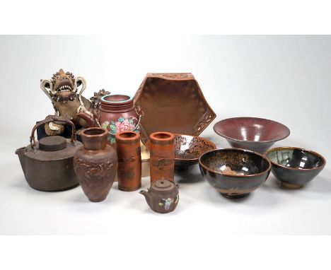 Brown earthenware and brown glazed ceramic collection 10 pieces 3 pieces of terracotta with modelled decoration of an air dra