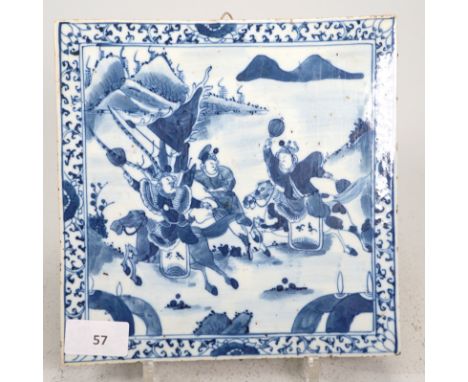 A large underglaze blue tile with fighting horsemen QuingGlazed porcelain, three fighting horsemen in front of a wide steppe 
