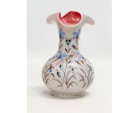 A Late 19th Century hand painted enamel opaline glass vase, with pink interior and ripple curved rim. Harrach style. 11x11x18