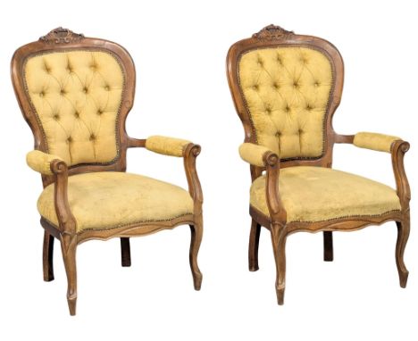 A pair of french style deep button back open armchairs. 68x107cm