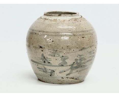 Ming Dynasty (1368-1644) a 16th Century Chinese glazed jar with calligraphy and blue trails. 12x13cm