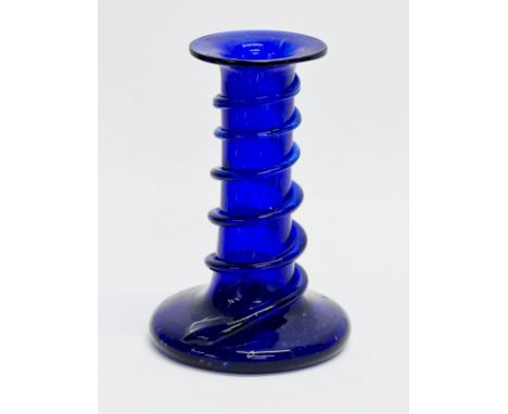 An 18th Century style Bristol Blue snake trail candlestick. 8x12cm