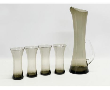A 1960’s Mid Century smoked glass drinks set. Krosno. Whitefriars style. Pitcher 27cm. Glasses 16cm
