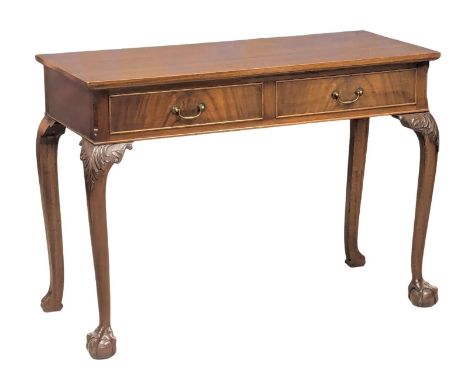 A Chippendale style mahogany side table with 2 drawers on Cabriole legs and ball and claw feet. 106x45x76cm