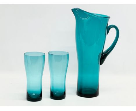 Whitefriars. A 1960’s Mid Century kingfisher blue drinks set. Pitcher 31cm. Glasses 16cm