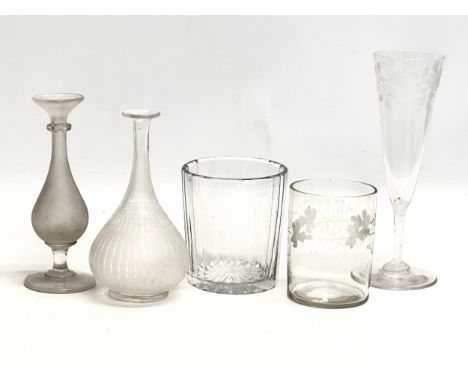 A collection of 19th Century glassware. A small Late 19th Century etched glass decanter with Greek Key design 15cm. A Victori