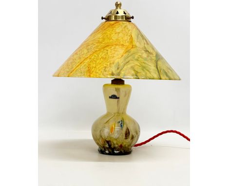 Vasart Glass. A Late 20th Century Scottish art glass table lamp with original glass shade. Late Monart. 29x38cm