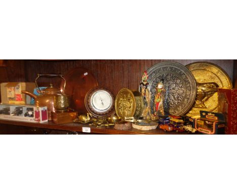 Assorted brass and copper ware, two Balinese puppet dolls and a quantity of diecast vehicles
