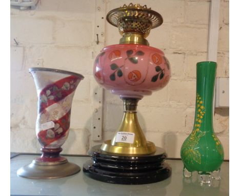 Victorian oil lamp with decorated pink glass reservoir, Bohemian glass vase and an overlay glass vase