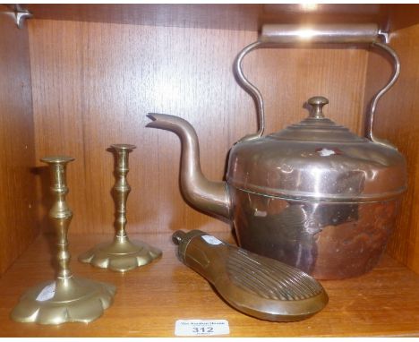 James Dixon &amp; Sons copper powder flask, copper kettle and pair of brass candlesticks