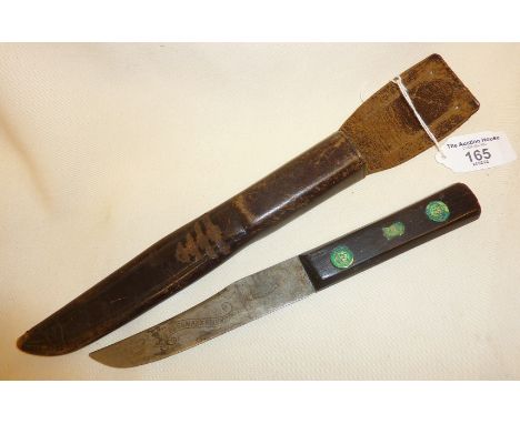 Rare Wade &amp; Butcher Bushman's Friend Knife in leather scabbard - possible scout knife? with decorative medallions to hand