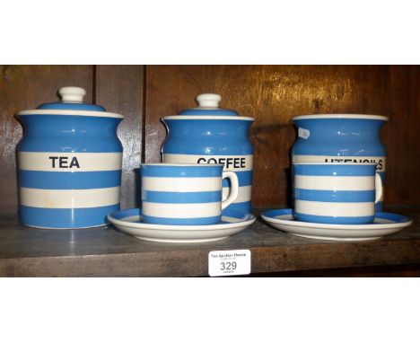 TG Green Cornishware blue banded storage jars and utensil holder, with two cups and saucers