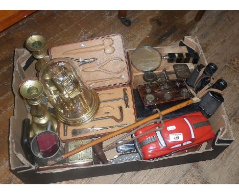 Assorted metalware etc., inc. tin plate car, Victorian equestrian tool kit, scales and other items