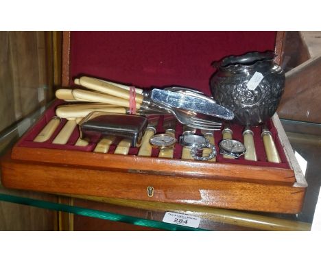 Cased set of fisheater cutlery, Timex watch heads etc