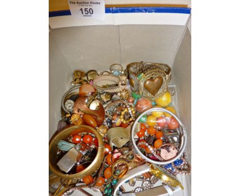 Box of vintage jewellery, stone beads, Egyptian filigree bracelet, Casio digital pendant, earrings, antique moonstone brooch 