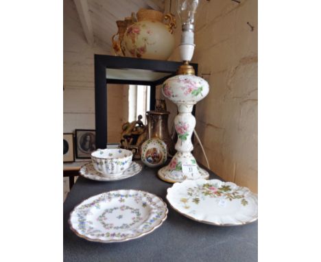 Copeland china tea cup and saucer, a Limoges tea plate and a china table lamp marked D &amp; C France