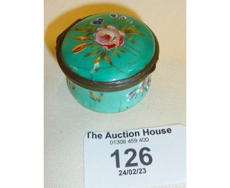 Antique Bilston enamel patch box with mirror under lid, some cracks