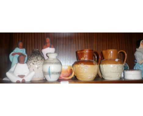 Mexican pottery figures, Doulton stoneware jugs and some Prattware complete pots with lids