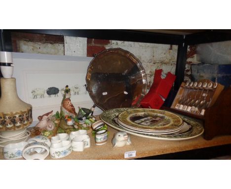 Silver plated salver, oak book rack, table lamp and other items. Together with Portmeirion "The Queen's Hidden Garden" china 