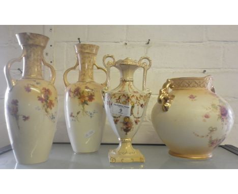 Pair of Doulton blush ivory vases, Crown Devon similar vase and another. Together with a light oak arch topped glazed wall di