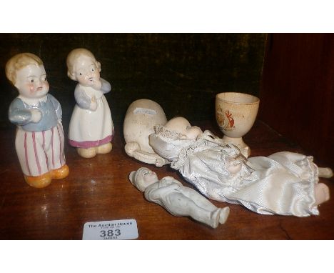 Victorian bisque headed baby doll, a clay pipe and three other items