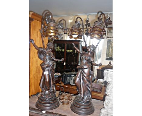 Pair of tall Art Nouveau style two branch figural spelter table lamps (damage to one shade), 30" high. Together with a gilt f