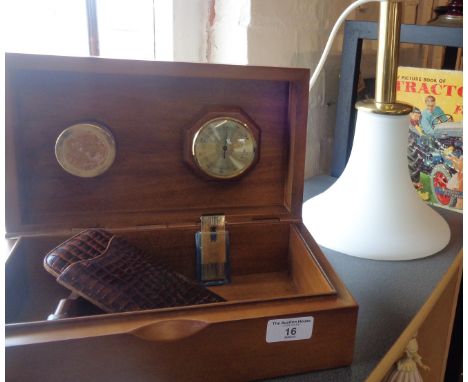 A travelling wooden cigar humidor with cigar case and cutter and a Danish style vintage glass ceiling light