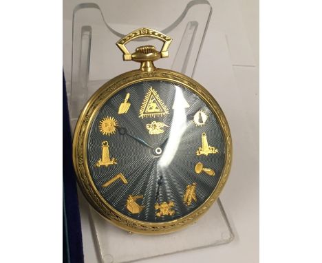 Vintage Gents 18ct Gold Masonic Omega POCKET WATCH and box.  50mm case.  Working but no guarantees. 