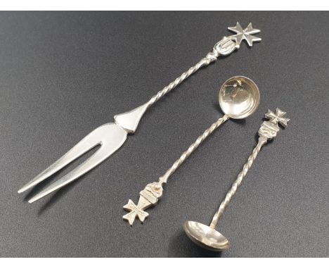 3 Miniature Pieces of Silver Maltese Cutlery. 2 Ladles and 1 Fork, all bearing the Maltese Cross at their Apex.Ladle - 7cm. F