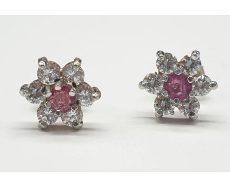 9ct Gold Ruby and CZ EARRINGS.  1.3g 