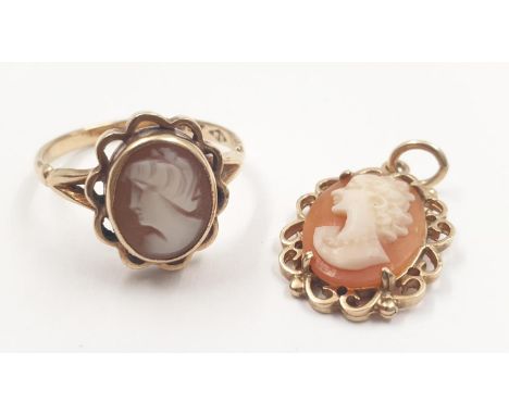 9ct Gold Vintage Cameo RING and PENDANT set.  4.1g   Size O. 