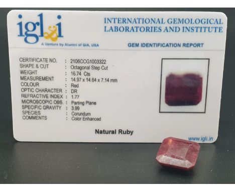 16.74 Cts Loose Natural Ruby. Octagonal step. IGL&amp;I certified 