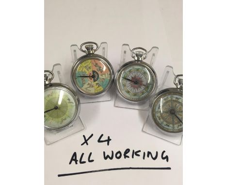 Vintage gaming Horse Racing POCKET WATCHES.  X4 all working, when wound the mechanical arm spins around landing randomly on a