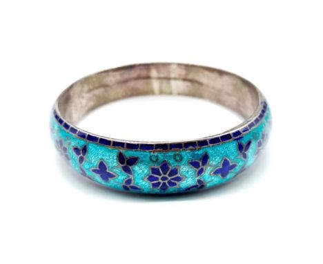 Vintage Silver and Enamel BANGLE with lovely Turquoise and blue enamel work in floral design.  37.5g  6.5cm inner diameter. 