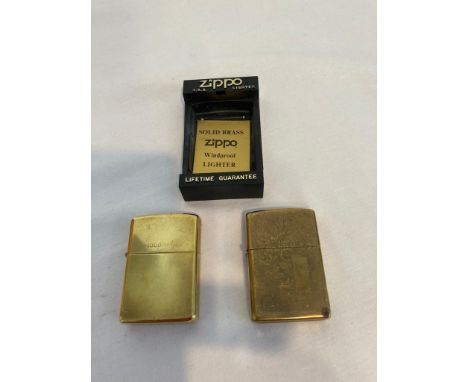 2 x Vintage ZIPPO LIGHTERS,  1 x solid brass,  1 x chased design. 