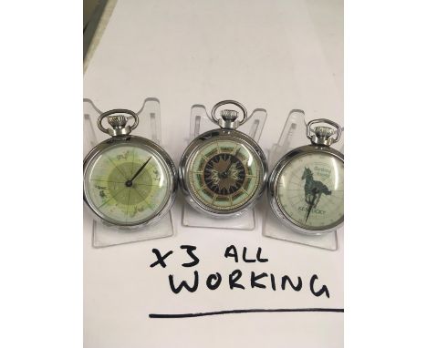 Vintage gaming Horse Racing POCKET WATCHES.  X3 all working, when wound the mechanical arm spins around landing randomly on a